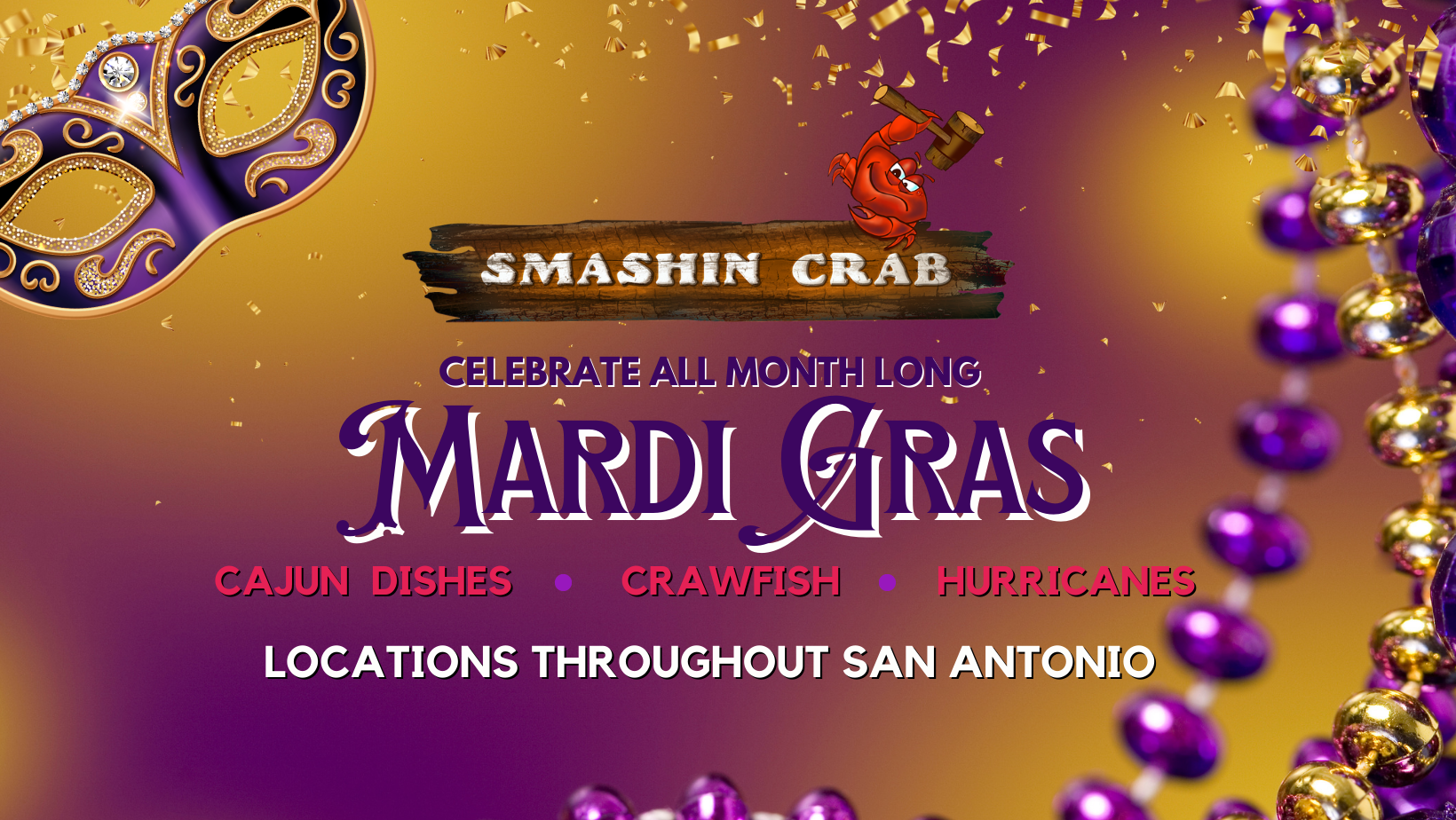 Flyer for Mardi Gras celebration at Smashin' Crab